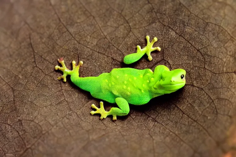 Prompt: a gecko hanging from a leaf