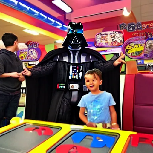 Prompt: darth Vader at chuck-e cheese