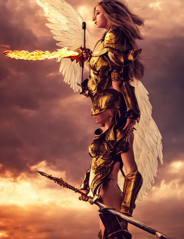 Prompt: Portrait of a photogenic beautiful woman in angelic battle armor and wings, wielding a flaming sword, among the clouds, golden hour photography, cinematic, epic, 4k, stylized, hyperrealism