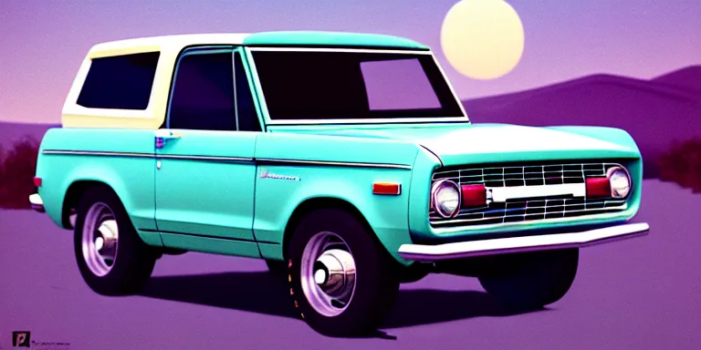 Prompt: a cinematic keyframe matte painting of a sleek 1 9 7 0 s vaporwave concept vehicle retro - futurism sci - fi sky blue ford bronco designed by karmann ghia in an open garage in the colorado, view from the street. in the moonlight. by eric lafforgue, glennray tutor and edward hopper, greg rutkowski. trending on artstation.