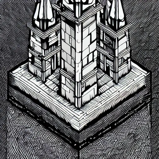 Image similar to isometric view of a wizard tower, lineart, sharp edges, colorized