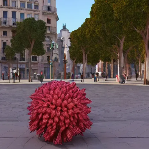 Image similar to photorealistic weird flower sculpture in the middle of plaza catalunya surrounded by people, barcelona, octane render, by origiful, 4 k