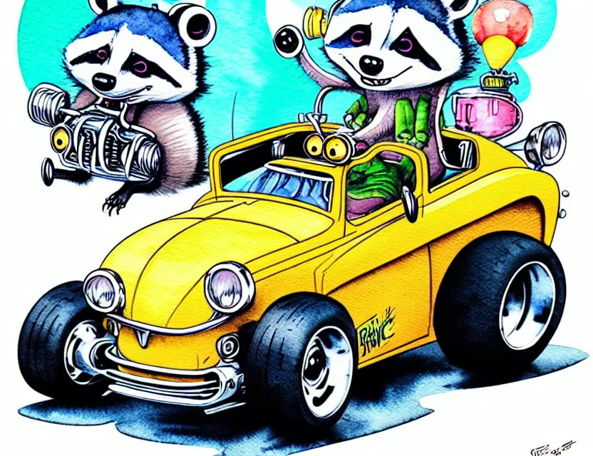 Image similar to cute and funny, racoon riding in a tiny hot rod coupe with oversized engine, ratfink style by ed roth, centered award winning watercolor pen illustration, isometric illustration by chihiro iwasaki, edited by range murata