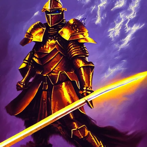 Image similar to A highly detailed matte acrylic painting of a heavily armored paladin wielding a very bright glowing gold sword, fighting in a huge battle at dusk.