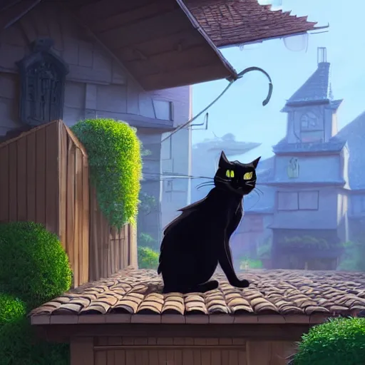 Image similar to a wholesome animation key shot of a black cat seated on top of a roof with tiles, medium shot, studio ghibli, pixar and disney animation, sharp, rendered in unreal engine 5, anime key art by greg rutkowski, bloom, dramatic lighting, golden hour