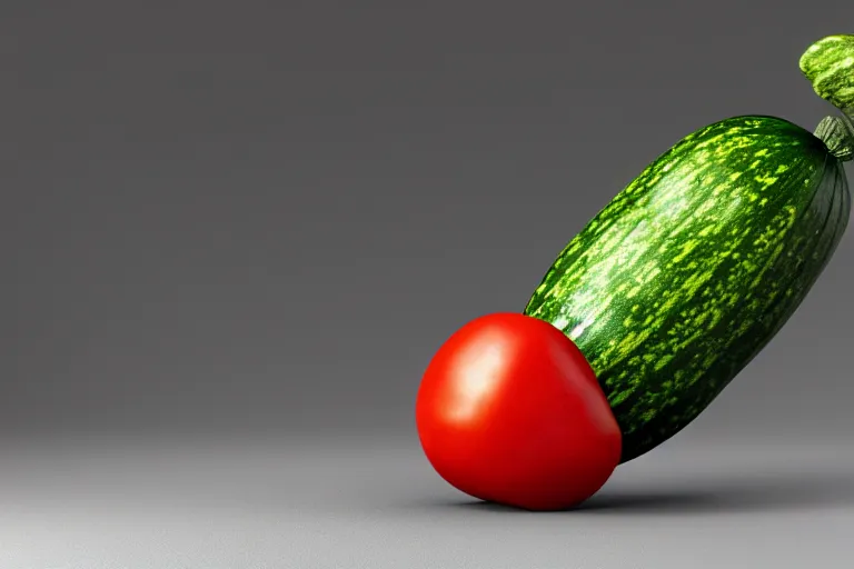 Image similar to detailed 3 d render of a mad zucchini with a long sword running down a dirt road chasing after a panicking tomato, hyper realistic octane render, dramatic lighting, high speed chase, wide angle, nightmare, surrealism