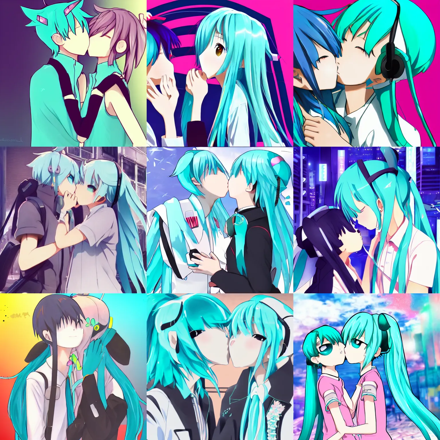 Prompt: Sweet image of Hatsune Miku kissing a boy, camera behind boy facing Miku, anime, Hatsune Miku, soft colours, quiet street