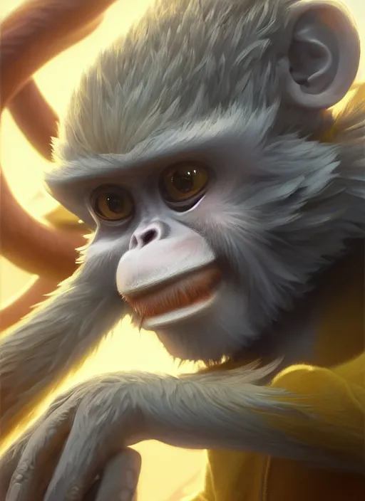 Image similar to Highly detailed portrait of Monkey from Ape escape, Stephen Bliss, unreal engine, fantasy art by Greg Rutkowski, Loish, Rhads, ferdinand knab, Makoto Shinkai and Lois van baarle, ilya kuvshinov, rossdraws, Tom Bagshaw, alphonse mucha, global illumination, radiant light, detailed and intricate environment