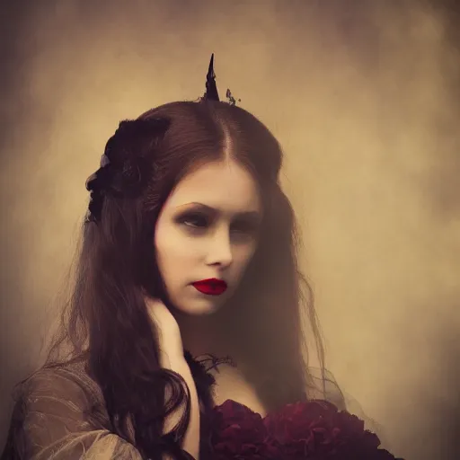 Image similar to A beautiful portrait of a lady vampire, victorian, '20, photography, 35mm, depth of field, bokeh, soft light, cinematic