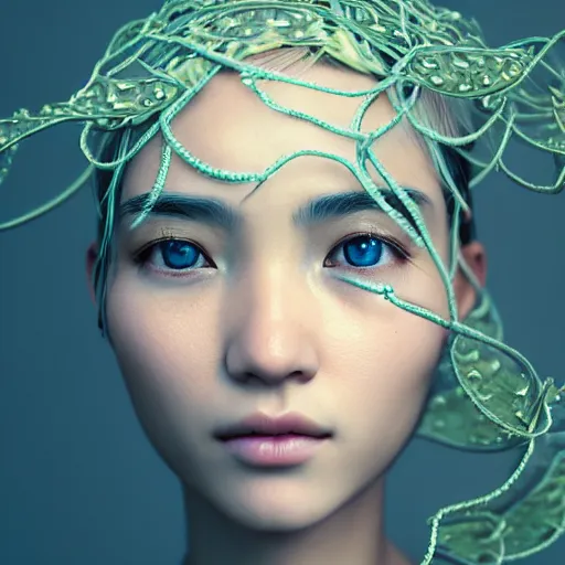 Image similar to intricate highly detailed face portrait of asian - european woman, light blue plastic vines on her face, intricate, cgsociety, unreal engine, octane render, sharp focus, smooth, volumetric lighting, cinematic composition, artstation