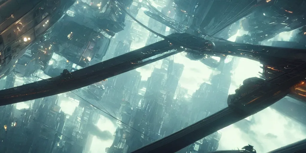 Prompt: screenshot from a renaissance airship cyberpunk cinematic masterpiece, swooping ring shaped structures, fps, cinematography, photo, photography, 4 k, by greg rutkowski, roger deakins