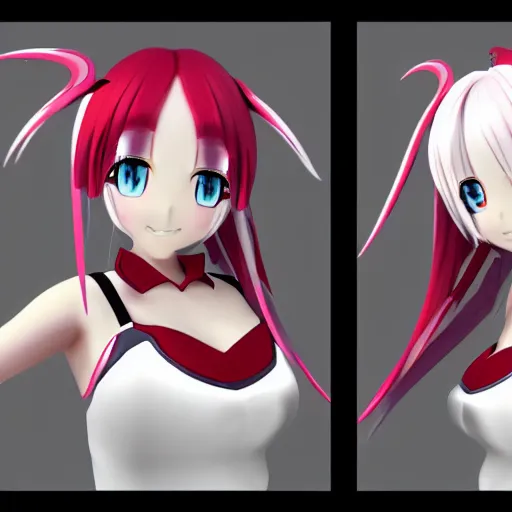 Prompt: anime girl, 3 d rendered, red eyes, white haired, horn on head, cute