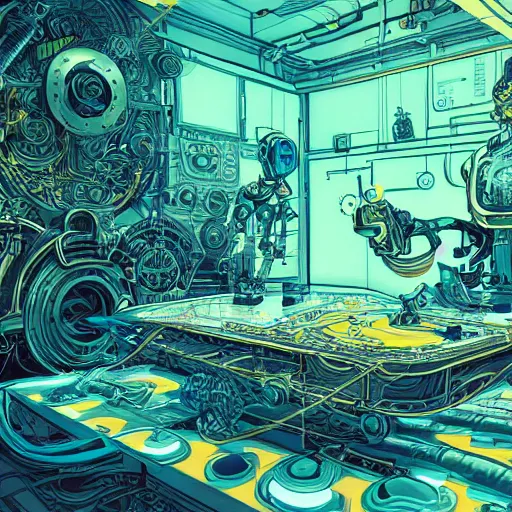 Prompt: a robot with a beautiful mind, an ultrafine detailed illustration by james jean, final fantasy, intricate linework, bright colors, behance contest winner, vanitas, angular, altermodern, unreal engine 5 highly rendered, global illumination, radiant light, detailed and intricate environment