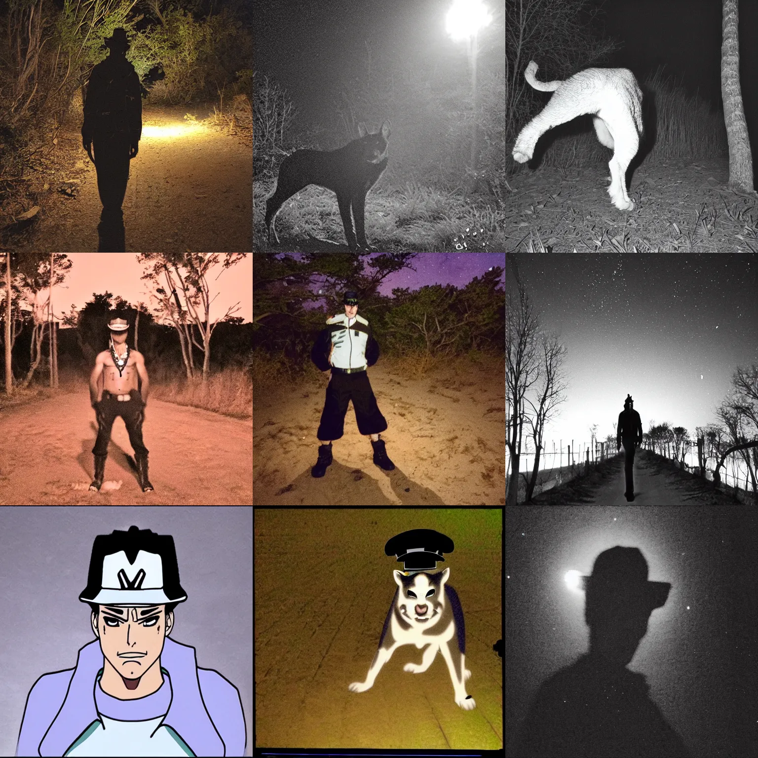 Prompt: Jotaro trail cam at night