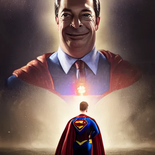 Image similar to Portrait of Nigel Farage as superman, heroic, amazing splashscreen artwork, splash art, head slightly tilted, natural light, elegant, intricate, fantasy, atmospheric lighting, cinematic, matte painting, detailed face, by Greg rutkowski