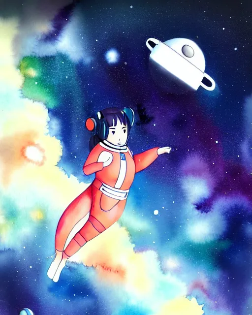 Image similar to oriental water color of a cute thicc female astronaut, floating through space, backlit, realistic anime, trending on pixiv