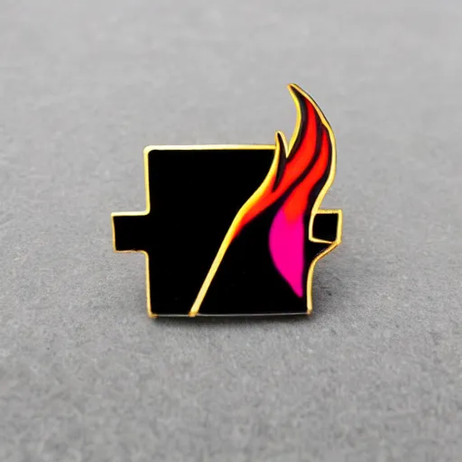 Image similar to a diamond enamel pin of a retro 1 9 8 0 s minimalistic flame fire warning label, smooth curves