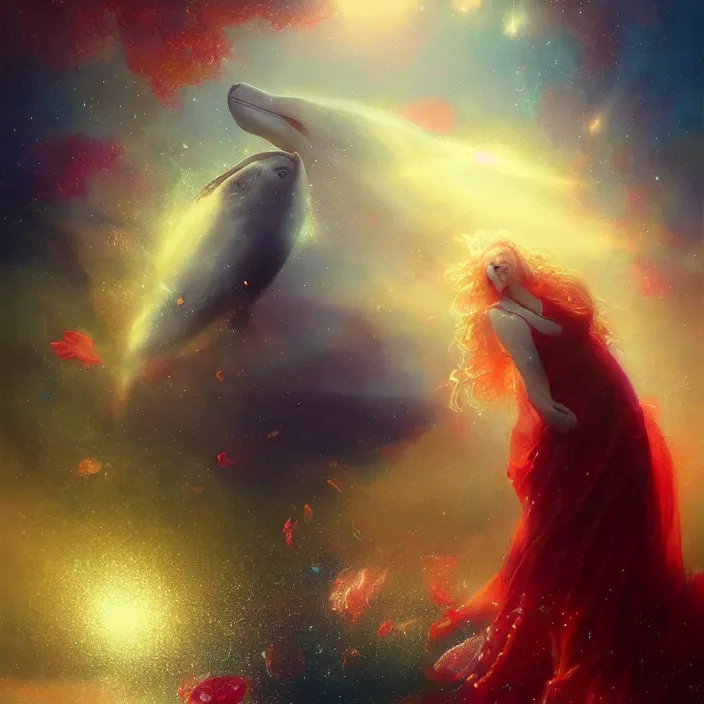 Image similar to glimmering whale, young girl in red dress, cosmos, milky way galaxy, golden hour, god rays, coral reef, dreamscape by artgerm and ruan jia and ismail inceoglu and greg olsen, masterpiece, beautiful, intricate, elegant, highly detailed