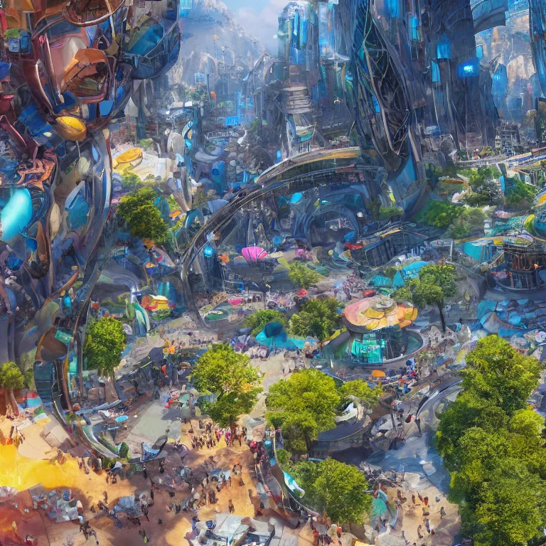 Image similar to environment concept art location of a giant outdoor amphitheater in a sci-fi eco-city, skybridges, turrets, crowded, hundreds of pedestrians, sunbeams, bold bright colors, unreal engine, detailed, octane render, 4k, photorealistic, cinematic lighting