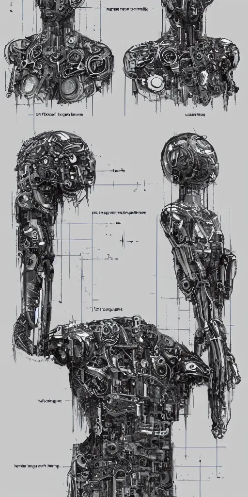 Image similar to conceptual art design drawings, instructions, various mechanical prostheses that can enhance human function, cyberpunk, precision, high detail, 8 k, sketch.