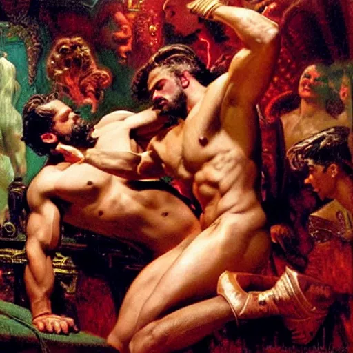 Image similar to muscular zeus wears leather at a dance club and falls in love with the handsome god jupiter, painting by gaston bussiere, craig mullins, j. c. leyendecker, tom of finland