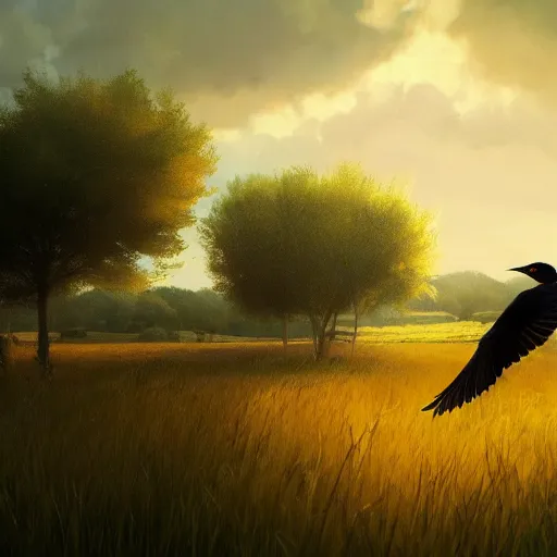 Prompt: spanish golden oriole flying in avila green hay field, summer mid day, 4 k, concept art, by wlop, ilya kuvshinov, artgerm, krenz cushart, greg rutkowski, pixiv. cinematic dramatic atmosphere, sharp focus, volumetric lighting, cinematic lighting, studio quality