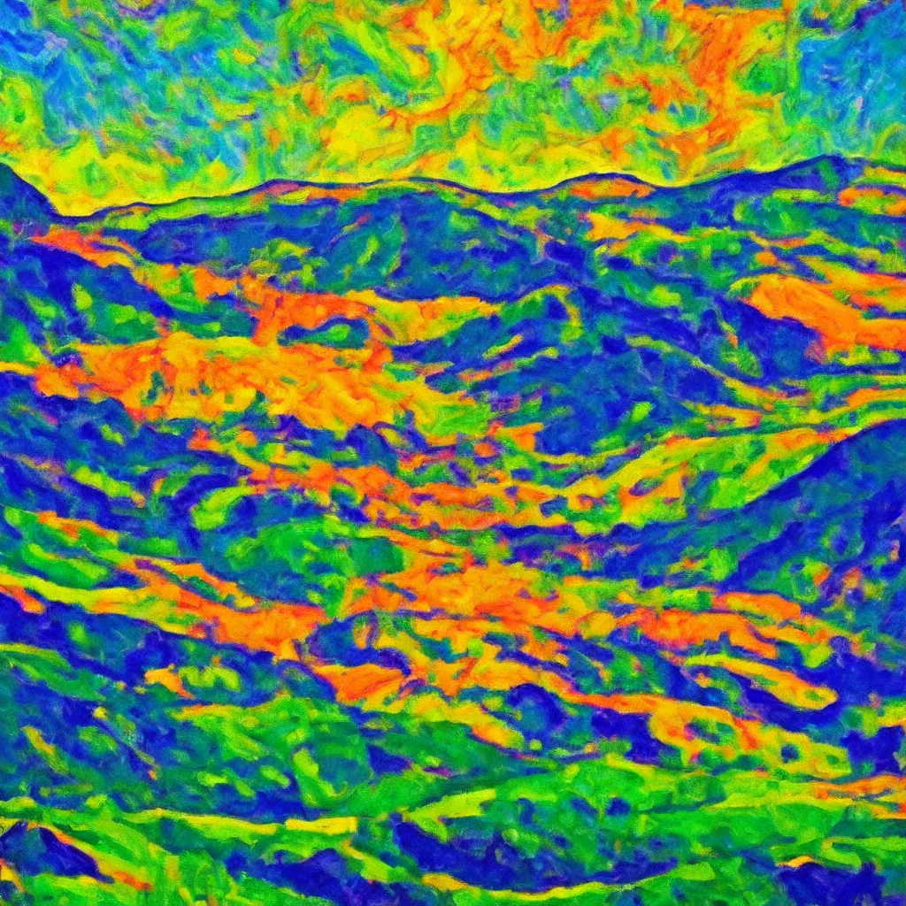 Image similar to Fauvist style photograph of a valley, right at the moment a lightning , 4K, super detailed, dark green clouds