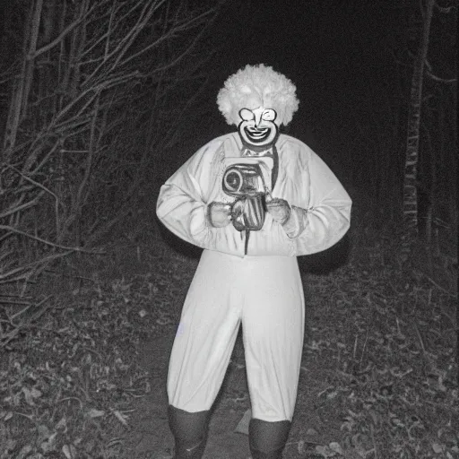 Image similar to ronald mcdonald caught on trail cam footage, cryptid, grainy and poor developed, at night