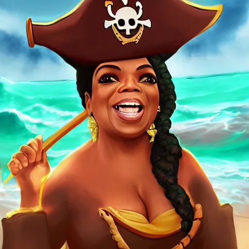 Image similar to Oprah as a pirate in the game Sea of thieves, digital art, trending on artstation