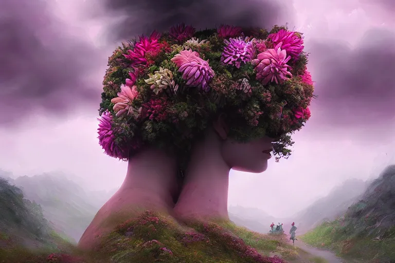 Image similar to giant dahlia flower crown under head, girl walking on mountain, surreal photography, pink and grey storm clouds, dramatic light, impressionist painting, digital painting, artstation, simon stalenhag