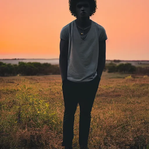 Image similar to dark skin man with curly hair, standing alone in nature, sunset, backlit, contemplative, dreamy, pastel colors, youthful, fairylike