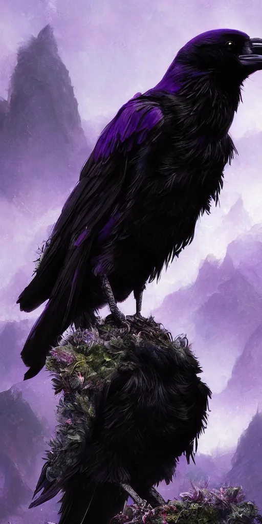 Prompt: portrait of a beautiful raven perched on purple crystals that are glowing in a misty valley, establishing shot, extremly high detail, foto realistic, cinematic lighting, by yoshitaka amano, ruan jia, kentaro miura, artgerm, post processed, concept art, artstation, raphael lacoste, alex ross