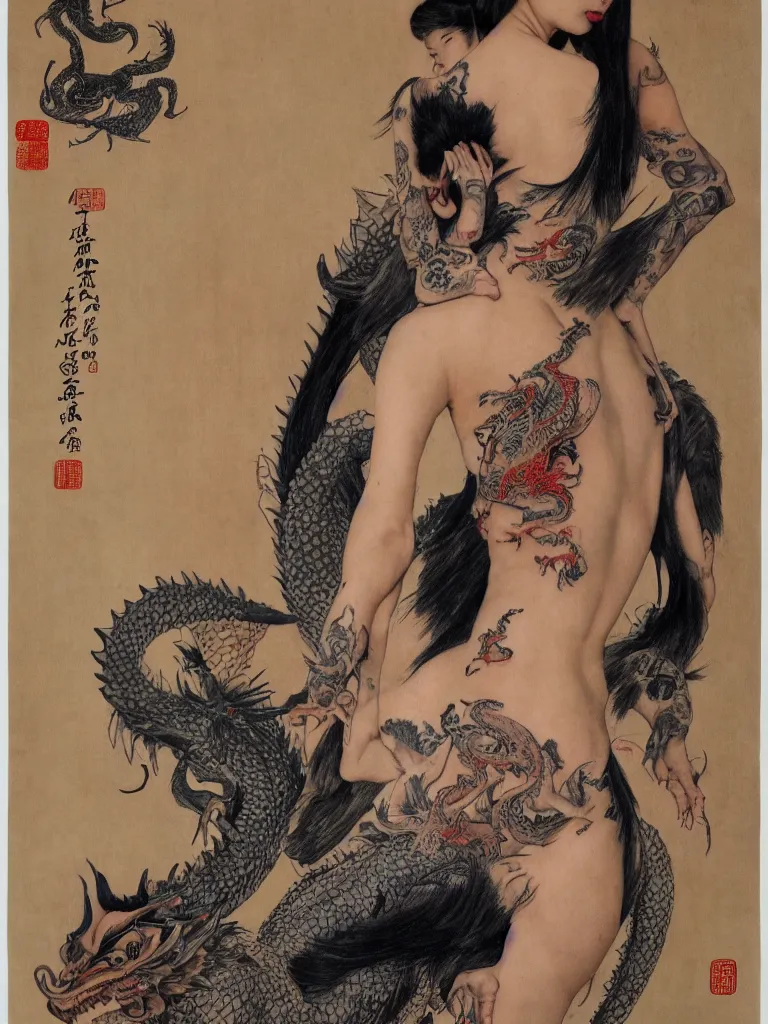 Image similar to a full figure Portrait of a beautiful Chinese girl with a tattoo of a dragon on her back standing in a temple by Norman Rockwell