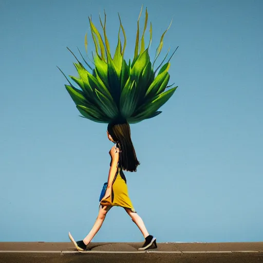 Image similar to giant flower head, woman walking through city, surreal photography, cinematic, blue sky, symmetry, detailed, retro, wes anderson