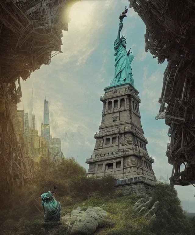 Image similar to highly detailed digital matte painting of an overgrown, abandoned, damaged close up of Lady of Liberty, taken back by nature Lady Liberty is the focus. Full shot. By Raphael Lacoste and Ruan Jia and Robert McCall, postcyberpunk, geodesic dome, hyperdetailed, sunrise, wide shot, autochrome, octane render