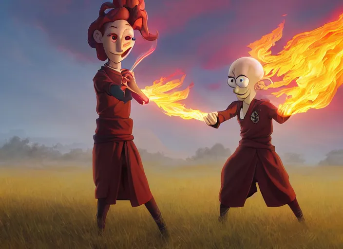 Image similar to squidward wearing fire nation clothing and practicing firebending in an open field at susnset, digital art, highly detailed, intricate, 8 k, greg rutkowski, artgerm