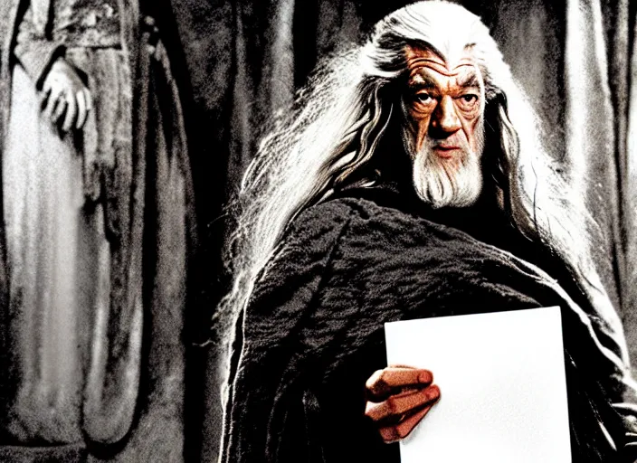 Prompt: movie still, gandalf in the style of h. r. giger, holding an envelope, standing with short frodo baggins in the style of h. r. giger