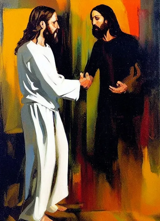 Prompt: 'jesus shaking hands with business man by phil hale, 'action lines'!!!, graphic style, visible brushstrokes, motion blur, blurry