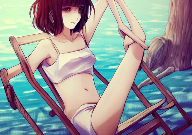 Image similar to A girl with short brown hair, wearing a white blouse, laying on a beach chair, drawn by WLOP, by Avetetsuya Studios, attractive character, colored sketch anime manga panel, trending on Artstation