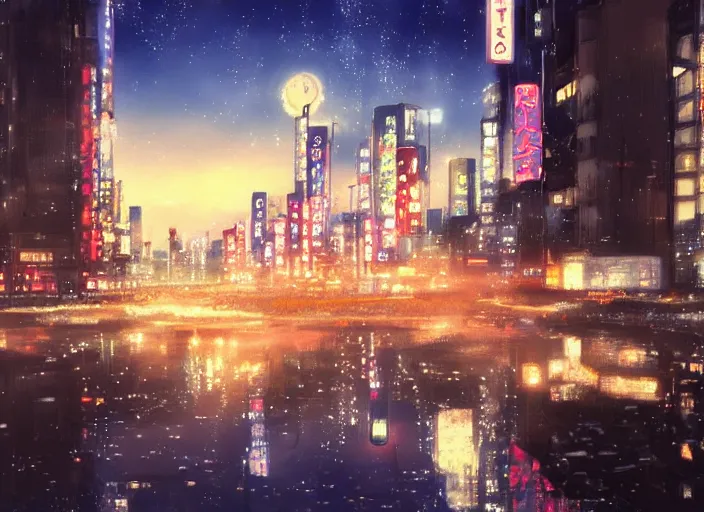 Prompt: beautiful anime landscape of tokyo at night by makoto shinkai