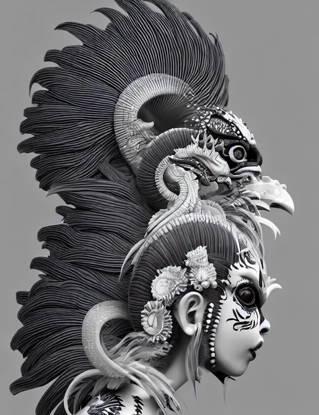 Image similar to 3 d goddess close - up profile portrait punk with mohawk with ram skull. beautiful intricately detailed japanese crow kitsune mask and clasical japanese kimono. betta fish, jellyfish phoenix, bio luminescent, plasma, ice, water, wind, creature, artwork by tooth wu and wlop and beeple and greg rutkowski