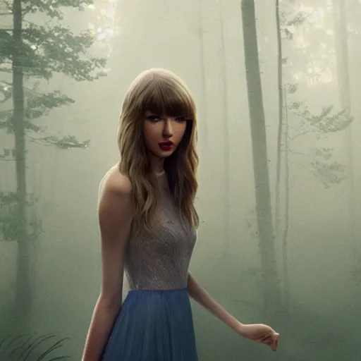 Image similar to taylor swift holding her hand out for you to hold, long hair with bangs, Crystal clear blue eyes, full-body-shot, beautiful fog lit forest backround, oil colors, elegant, sharp focus, cute face, Hyper-realistic, Highly Detailed, HD, Dramatic Lighting by Brom, by beeple, studio ghibli, wallpaper, highly detailed, trending on artstation