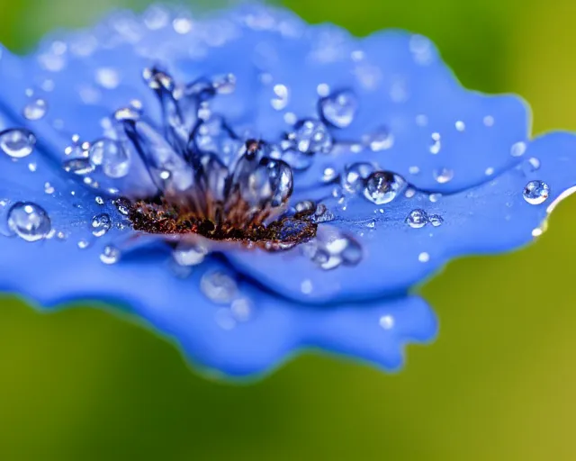 Image similar to a blue flower with water droplets on it, a macro photograph by kume keiichiro, trending on unsplash, photorealism, photo taken with ektachrome, photo taken with provia, shallow depth of field