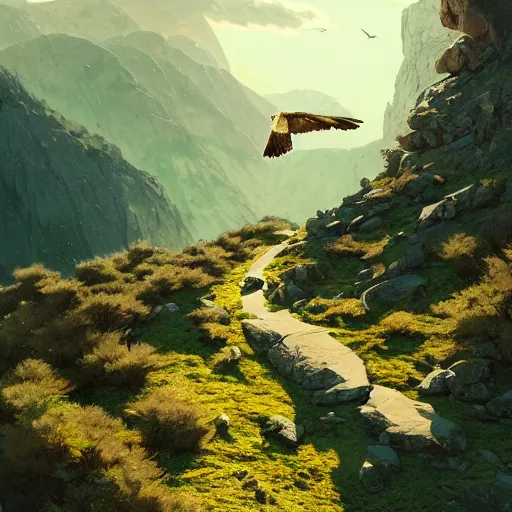 Image similar to golden eagle flying in avila mountains. green. granite. clouds. summer. batscoming out from the entrance. 4 k, concept art, by wlop, ilya kuvshinov, artgerm, krenz cushart, greg rutkowski, pixiv. cinematic dramatic atmosphere, sharp focus, volumetric lighting, cinematic lighting, studio quality