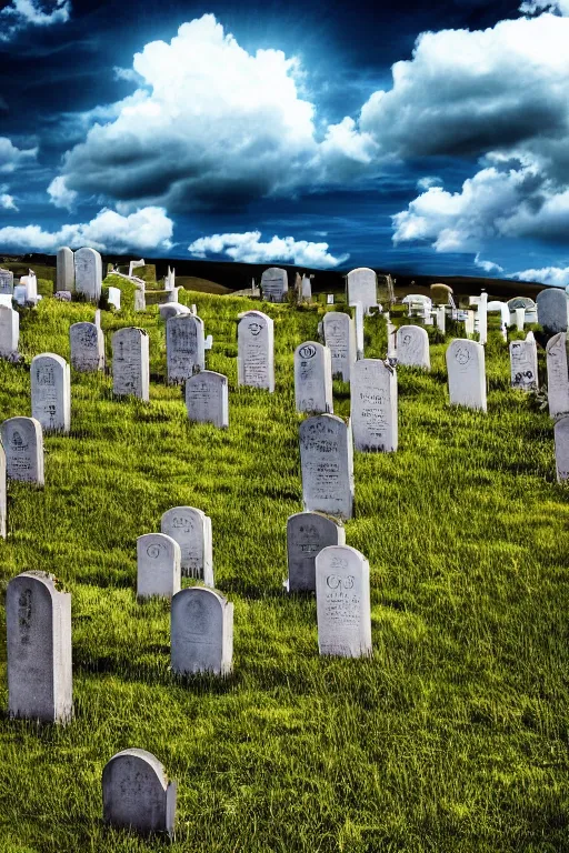 Prompt: realistic detailed photo of the windows xp bliss hills screensaver saturated cloudy blue skies with a graveyard, with many worn gravestones, hyper detailed, sigma 5 0 mm, flickr