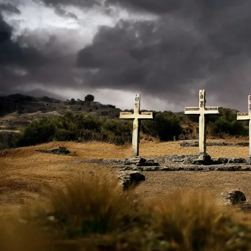 Image similar to cinematic still of three crosses on calvary hill, miraculous cloudy backdrop, Biblical epic movie directed by Peter Jackson, wallpaper, hd