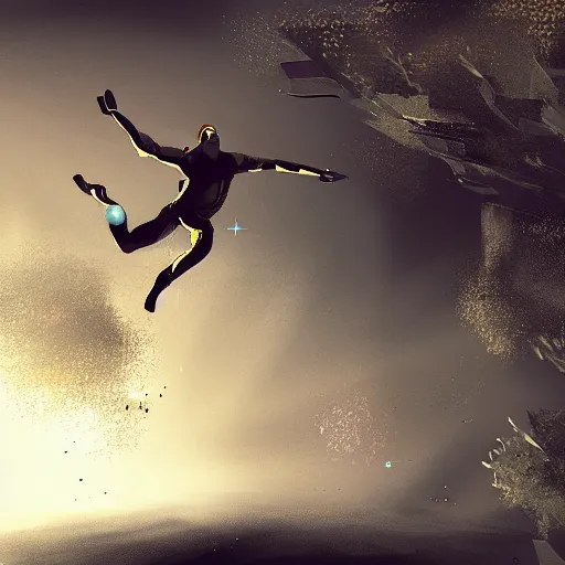 Image similar to a zero - gravity futuristic scene, of a man jumping over a tree, concept art, trending on art station