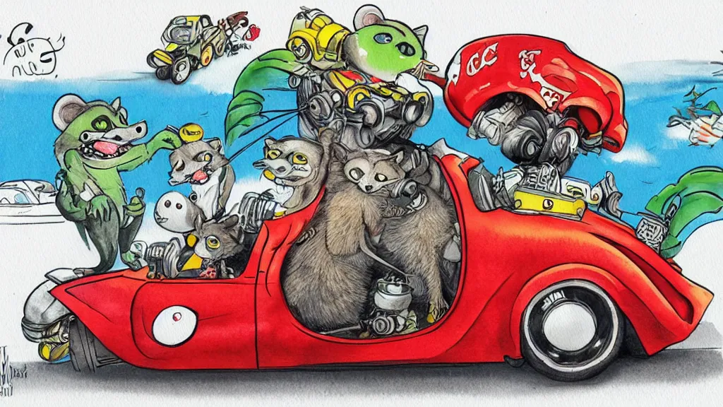 Image similar to cute and funny, racoon riding in a tiny hot rod coupe with oversized engine, ratfink style by ed roth, centered award winning watercolor pen illustration, by chihiro iwasaki and james nyika, edited by range murata