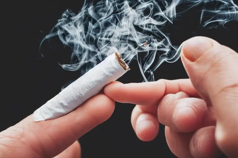 Image similar to Close-up of thin soft hand holding cigarette with smoke, hyper realistic, high details, photo, super resolution