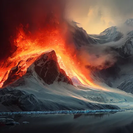 Image similar to alaskan glacier on fire, dim volumetric lighting, 8 k octane beautifully detailed render, post - processing, extremely hyper - detailed, intricate, epic composition, giant bananas natural disaster, cinematic lighting, masterpiece, trending on artstation, detailed detailed detailed, masterpiece, stunning art by anders zorn, wonderful masterpiece by greg rutkowski, beautiful cinematic light